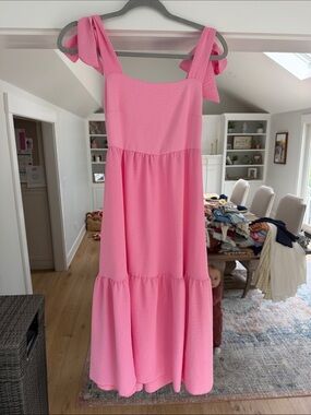Bright Pink Tiered Midi Dress with Tie Straps